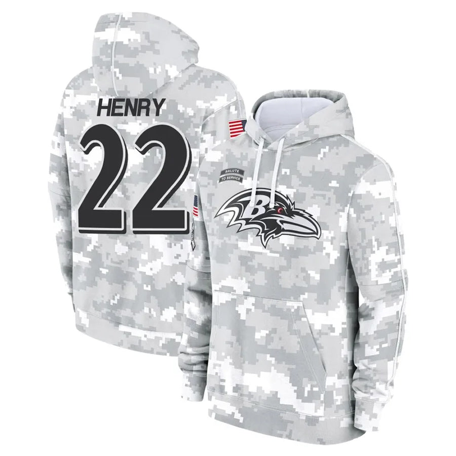 B.Ravens #22 Derrick Henry Player Arctic Camo Salute To Service Hoodie Edoa Stitched Jerseys