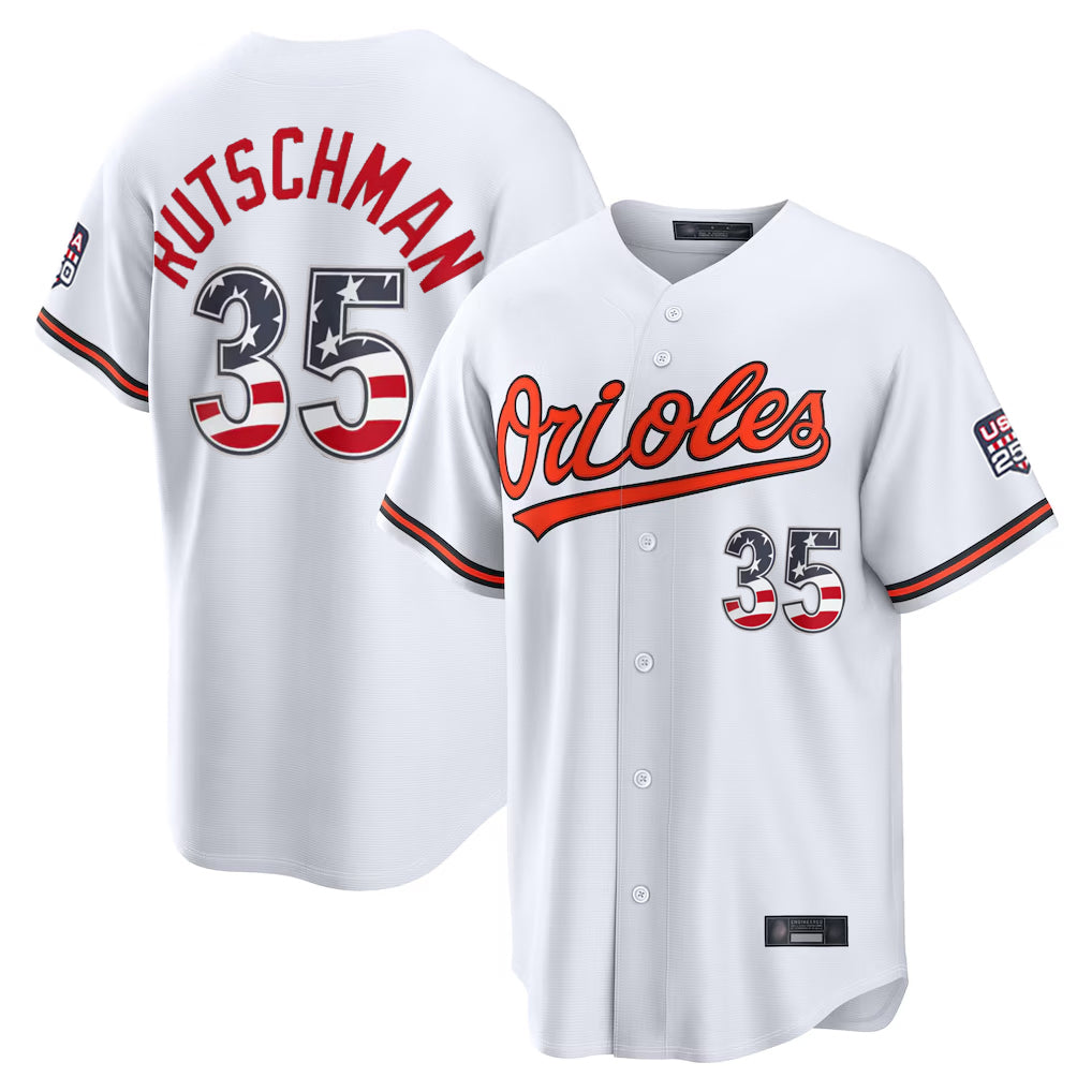 B.Orioles #35 Adley Rutschman Player White USA 250 Fourth of July Home Game Edoa Stitched Jerseys