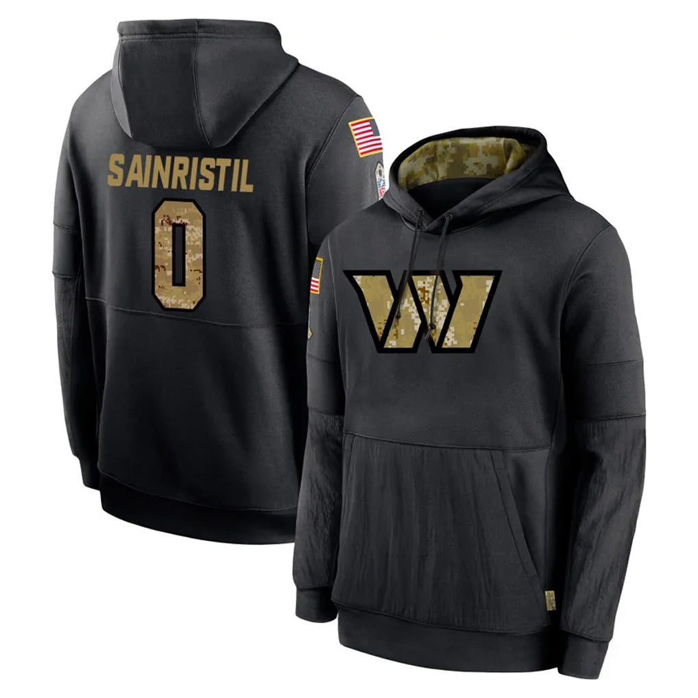 W.Commanders #0 Mike Sainristil Player Black Salute to Service Performance Pullover Hoodies Home Game Edoa Stitched Jerseys