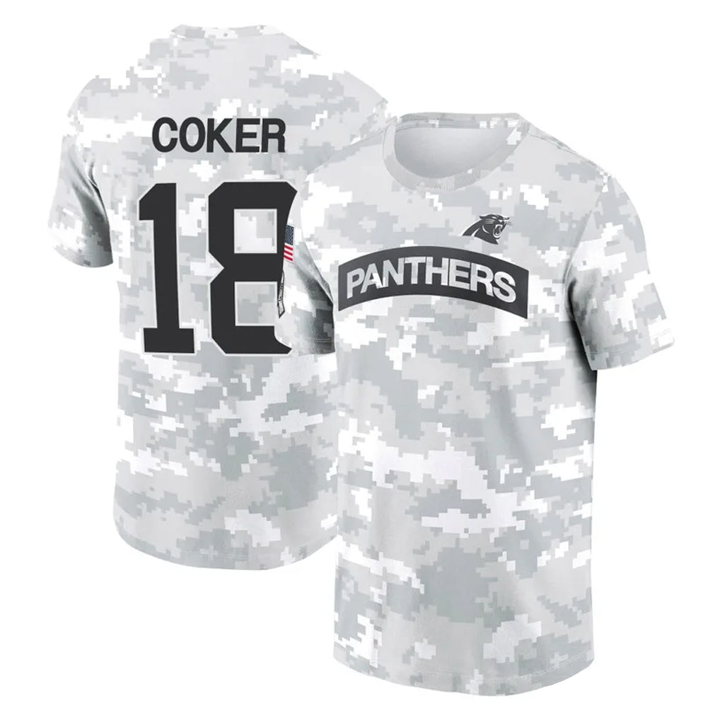 C.Panthers #18 Jalen Coker Player Arctic Camo Salute to Service T-Shirt Hoodies Edoa Stitched Jerseys