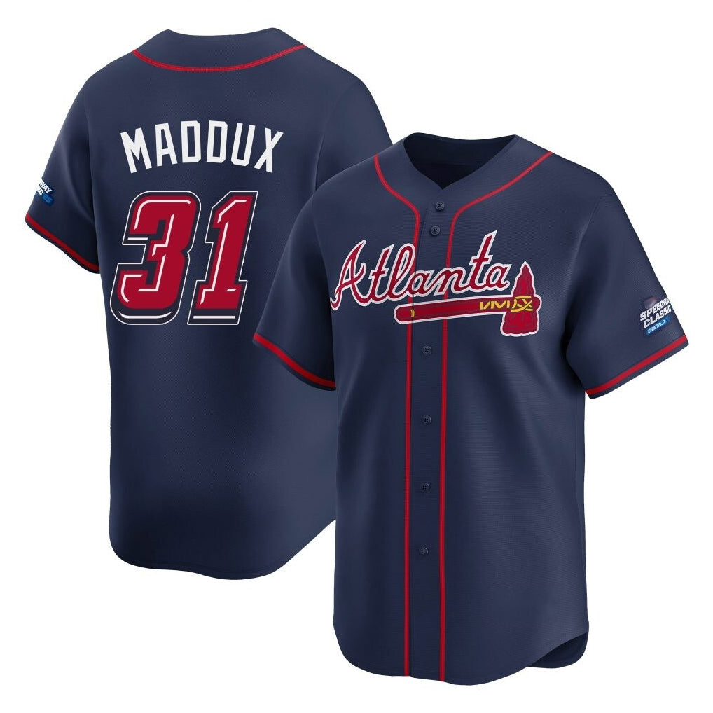 A.Braves #31 Greg Maddux Player Navy 2025 Speedway Classic Home Game Edoa Stitched Jerseys