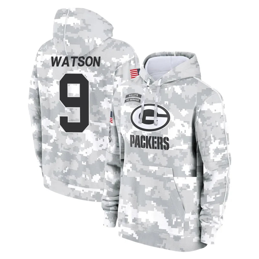 GB.Packers #9 Christian Watson Player Arctic Camo Salute to Service Hoodies Limited Game Edoa Stitched Jerseys