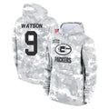 GB.Packers #9 Christian Watson Player Arctic Camo Salute to Service Hoodies Limited Game Edoa Stitched Jerseys