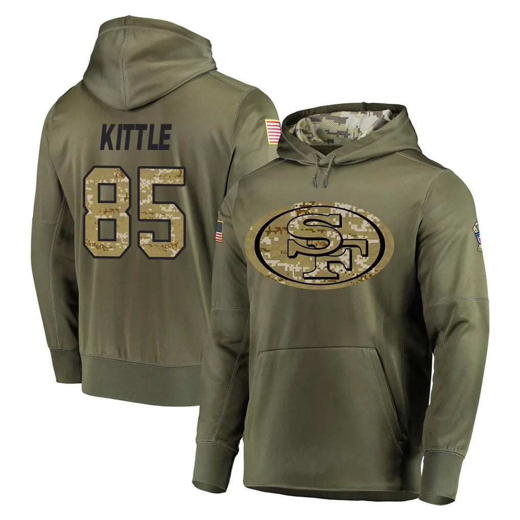 SF.49ers #85 George Kittle Player Olive Salute to Service Pullover Hoodie Home Game Edoa Stitched Jerseys