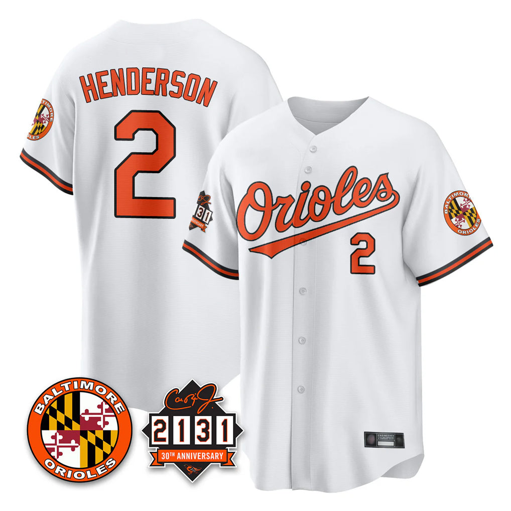 B.Orioles #2 Gunnar Henderson Player White 30th Anniversary of 2131 Home Game Edoa Stitched Jerseys
