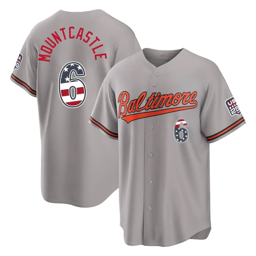 B.Orioles #6 Ryan Mountcastle Player Gray USA 250 Fourth of July Home Game Edoa Stitched Jerseys