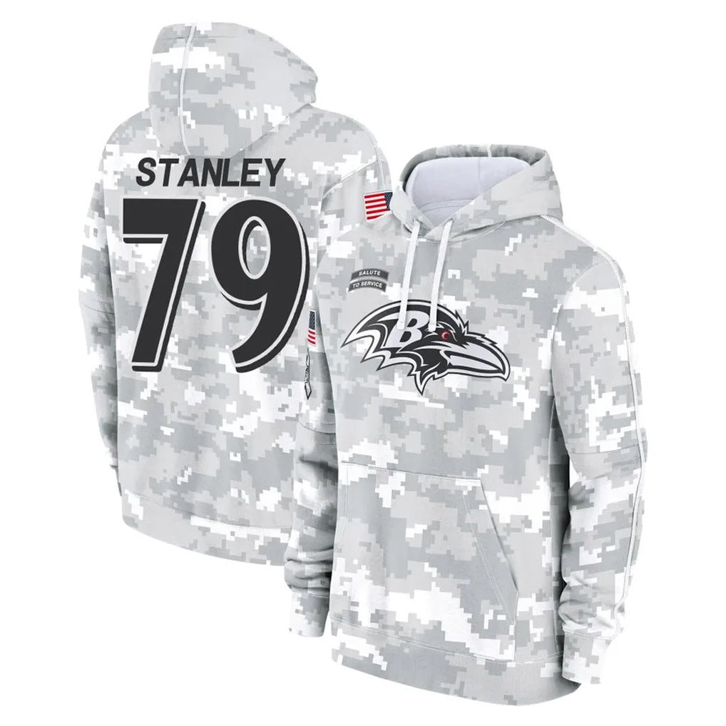 B.Ravens #79 Ronnie Stanley Player Arctic Camo Salute to Service Pullover Hoodie Edoa Stitched Jerseys