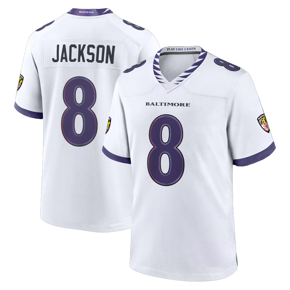 B.Ravens #8 Lamar Jackson Player White Home Game Edoa Stitched Jerseys