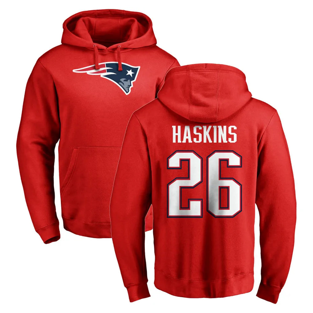 NE.Patriots #26 Hassan Haskins Player Red LOGO Pullover Hoodies Home Game Edoa Stitched Jerseys