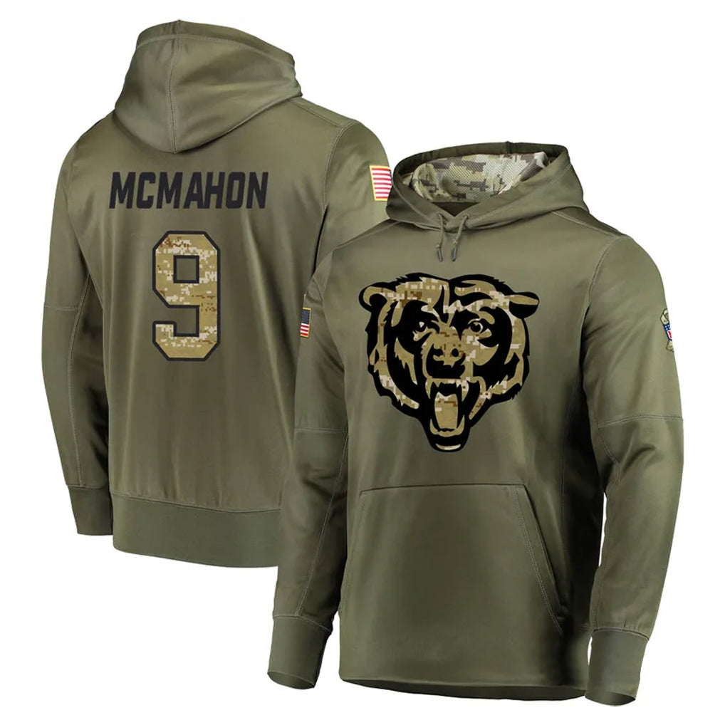 C.Bears #9 Jim McMahon Player Olive Salute to Service Pullover Hoodies Home Game Edoa Stitched Jerseys