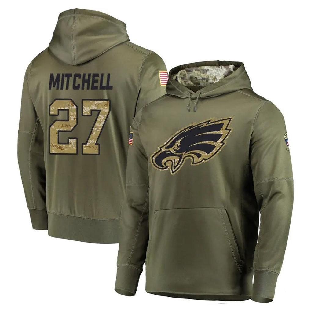 P.Eagles #27 Quinyon Mitchell Player Olive Salute to Service Pullover Hoodies Home Game Edoa Stitched Jerseys
