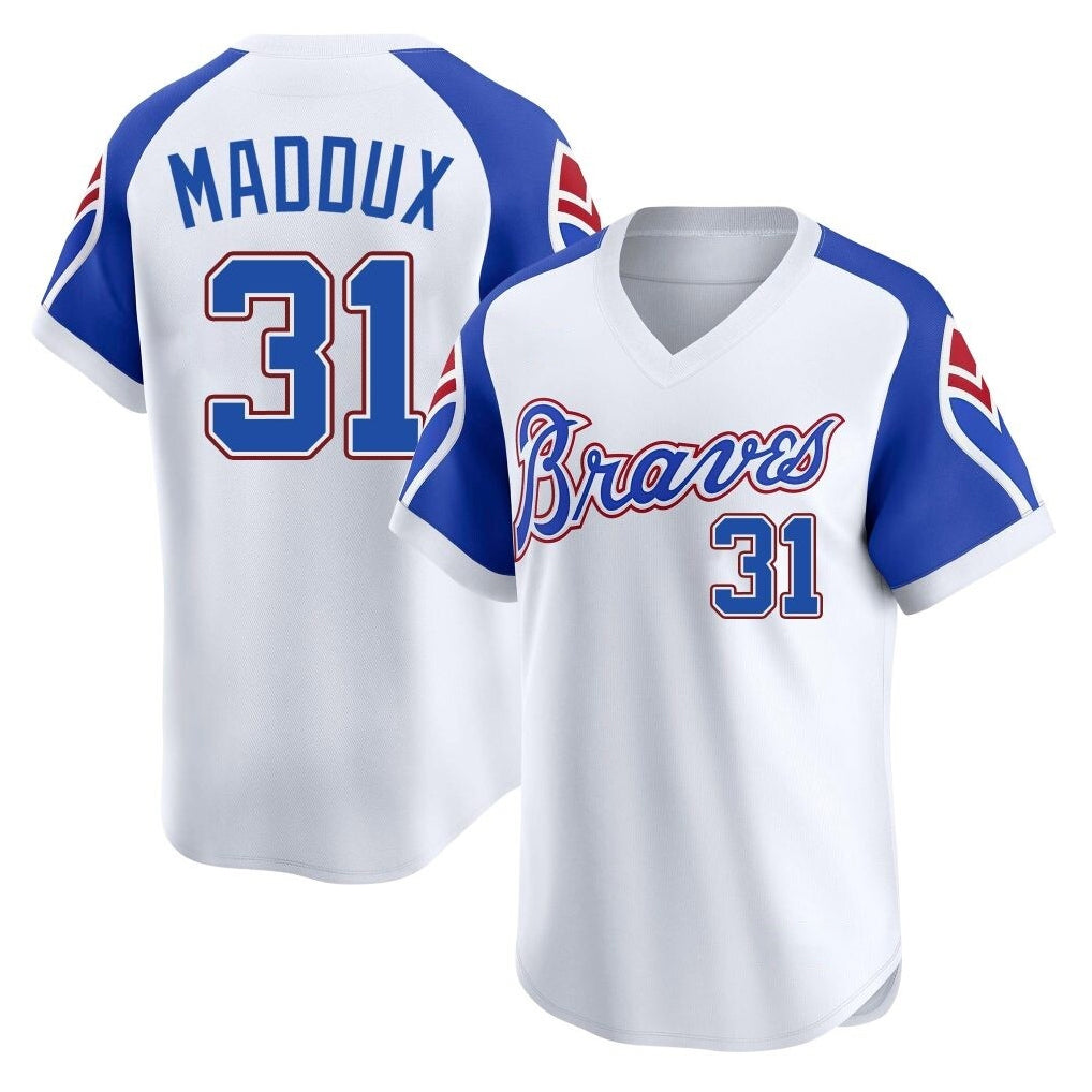 A.Braves #31 Greg Maddux Player White Throwback Cooperstown Collection T-shirt Game Edoa Stitched Jerseys