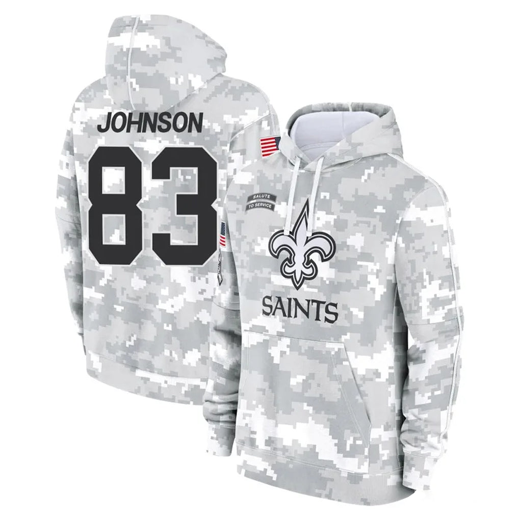 NO.Saints #83 Juwan Johnson Player Arctic Camo Salute to Service Pullover Hoodies Limited Game Edoa Stitched Jerseys