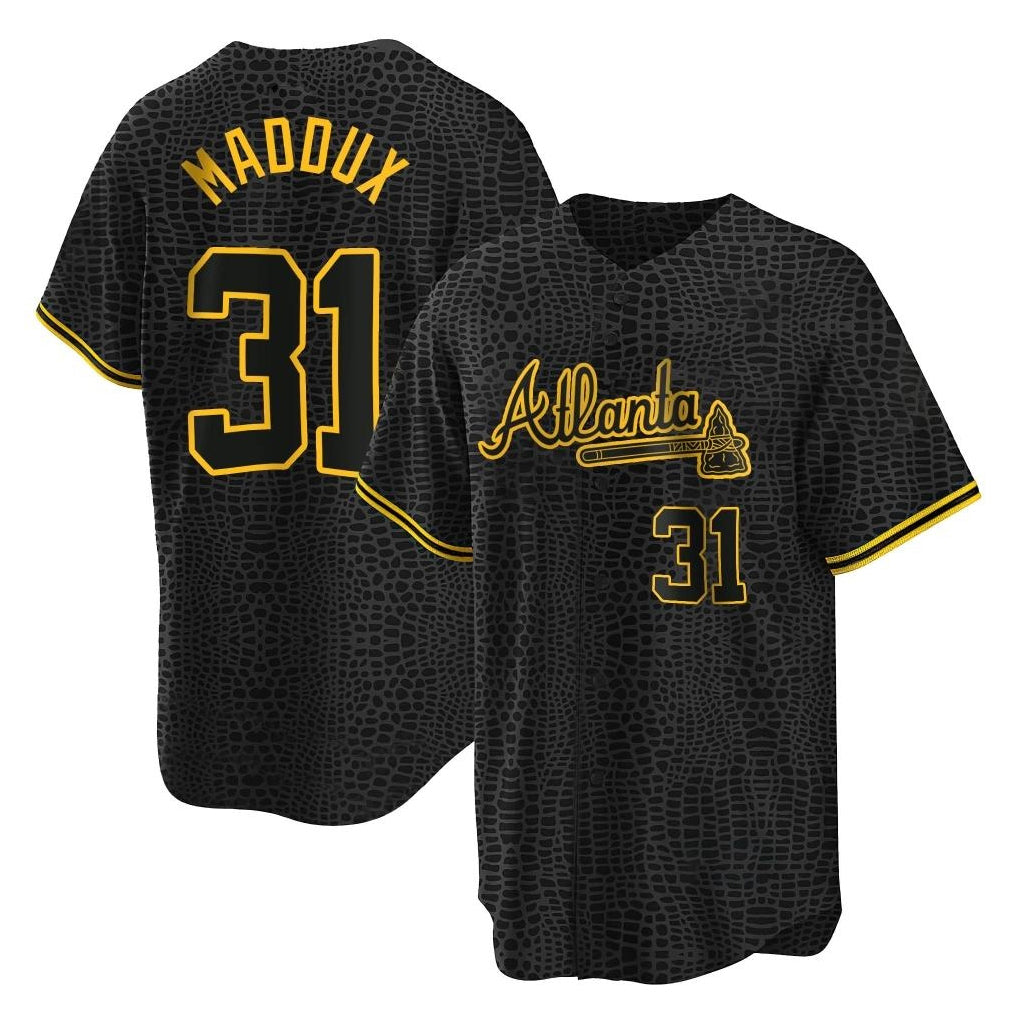 A.Braves #31 Greg Maddux Player Black Snake Skin City Home Game Edoa Stitched Jerseys