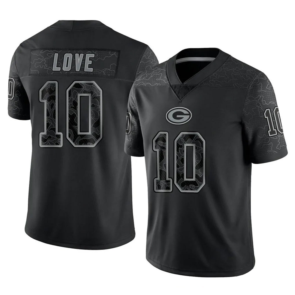 GB.Packers #10 Jordan Love Player Black Reflective Limited Home Game Edoa Stitched Jerseys