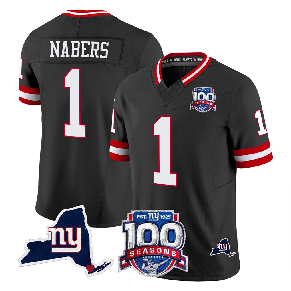 NY.Giants #1 Malik Nabers Player Black 100th Season & State Patch Vapor Limited Home Game Edoa Stitched Jerseys