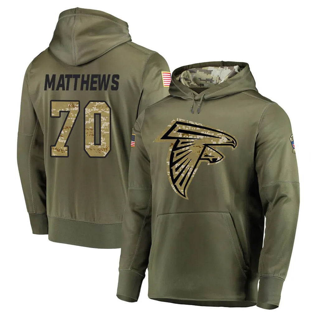 A.Falcons #70 Jake Matthews Player Olive Salute to Service Club Fleece Hoodie Edoa Stitched Jerseys