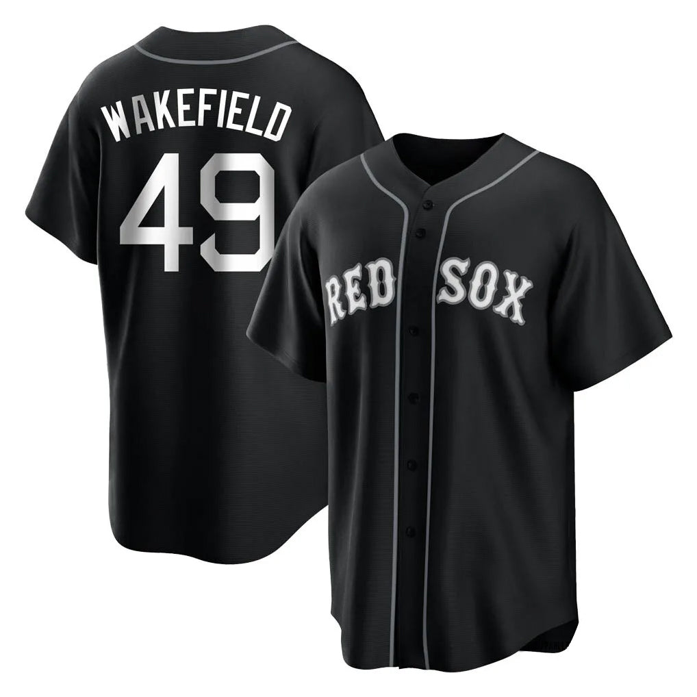 B.Red Sox #49 Tim Wakefield Player Black Home Game Edoa Stitched Jerseys