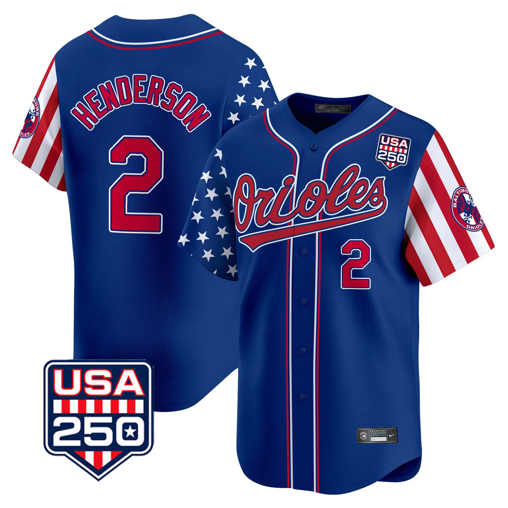 B.Orioles #2 Gunnar Henderson Player Royal USA 250 Independence Day Vapor Premier Limited Home Game Edoa Stitched Jerseys