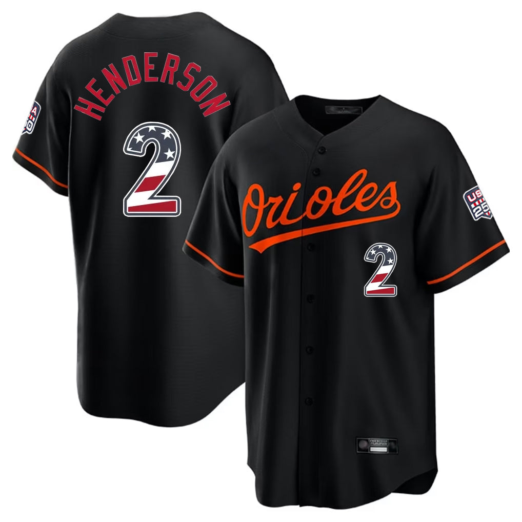 B.Orioles #2 Gunnar Henderson Player Black USA 250 Fourth of July Home Game Edoa Stitched Jerseys
