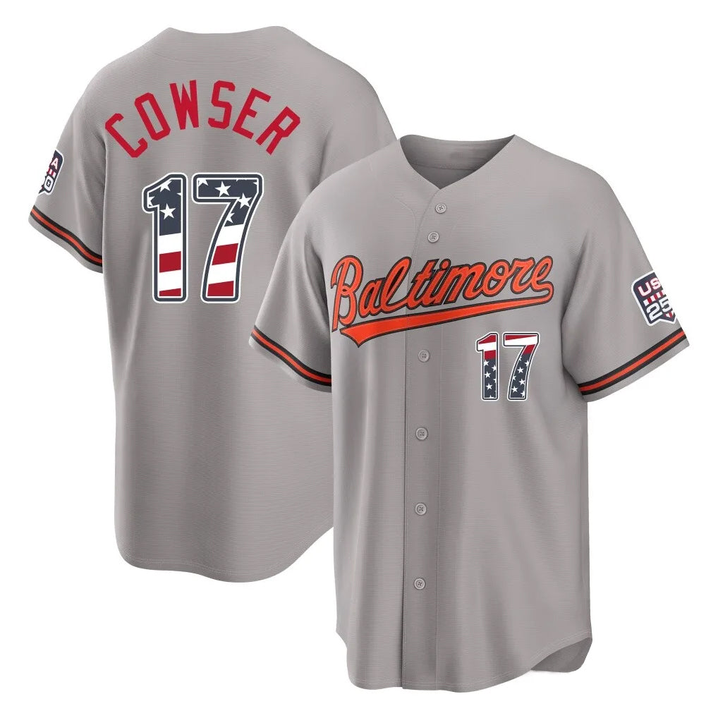 B.Orioles #17 Colton Cowser Player Gray USA 250 Fourth of July Home Game Edoa Stitched Jerseys