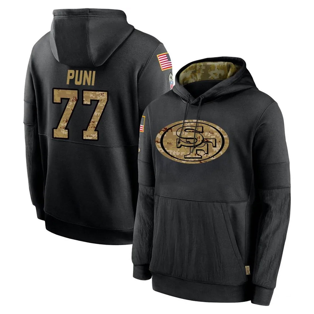 SF.49ers #77 Dominick Puni Player Black Salute to Service Sideline Performance Pullover Hoodies Home Game Edoa Stitched Jerseys