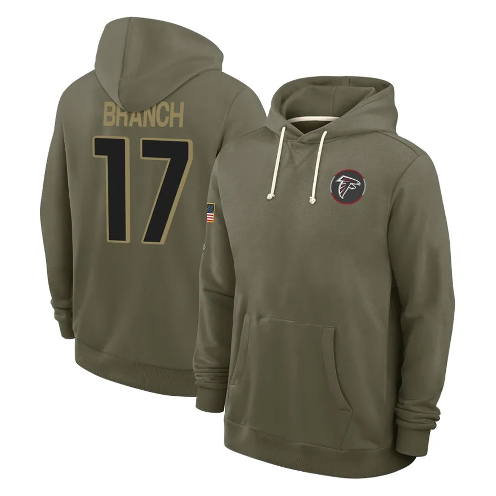 A.Falcons #17 Zachariah Branch Player Olive 2025 Salute to Service Hoodies Edoa Stitched Jerseys
