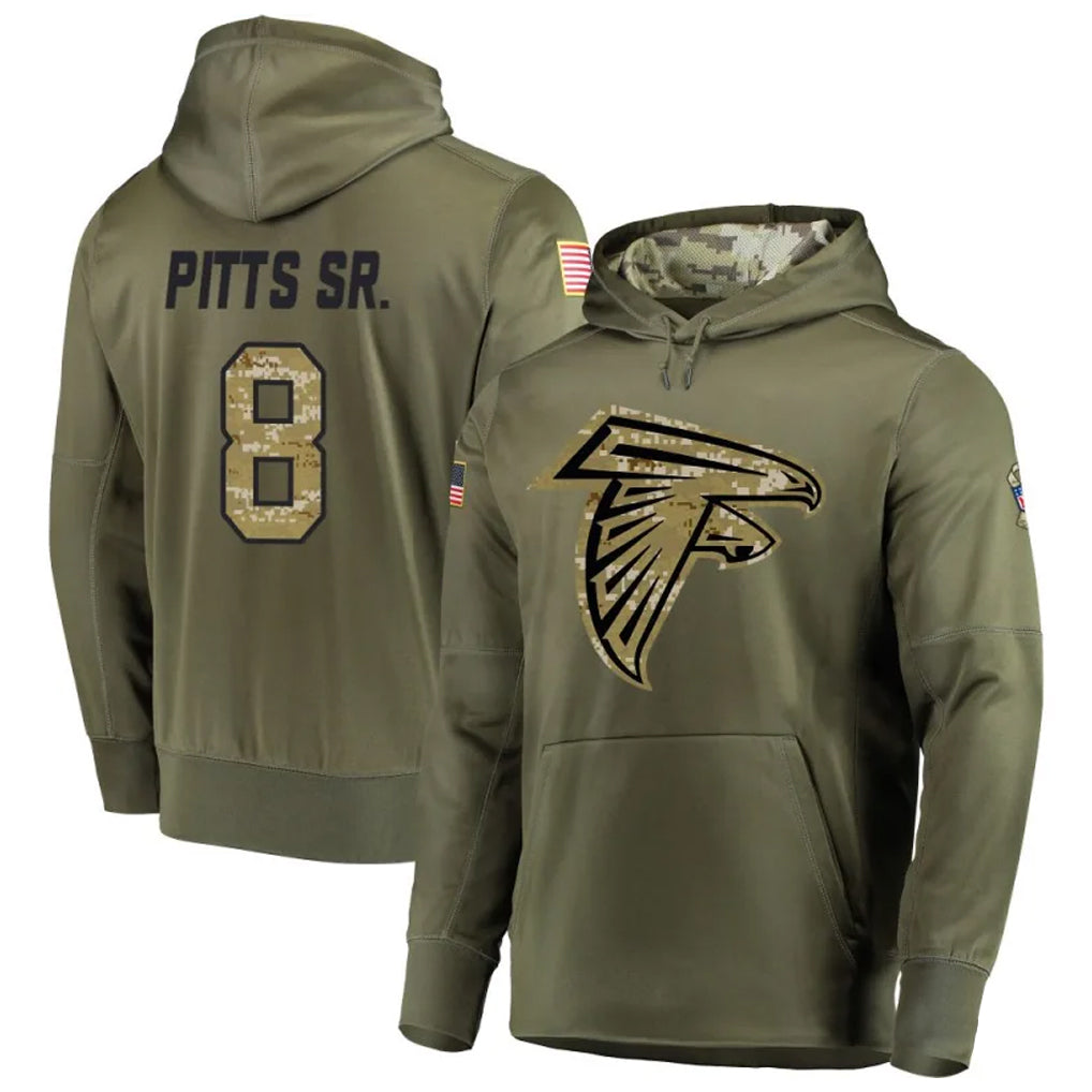A.Falcons #8 Kyle Pitts Sr. Player Olive Salute to Service Club Fleece Hoodie Edoa Stitched Jerseys