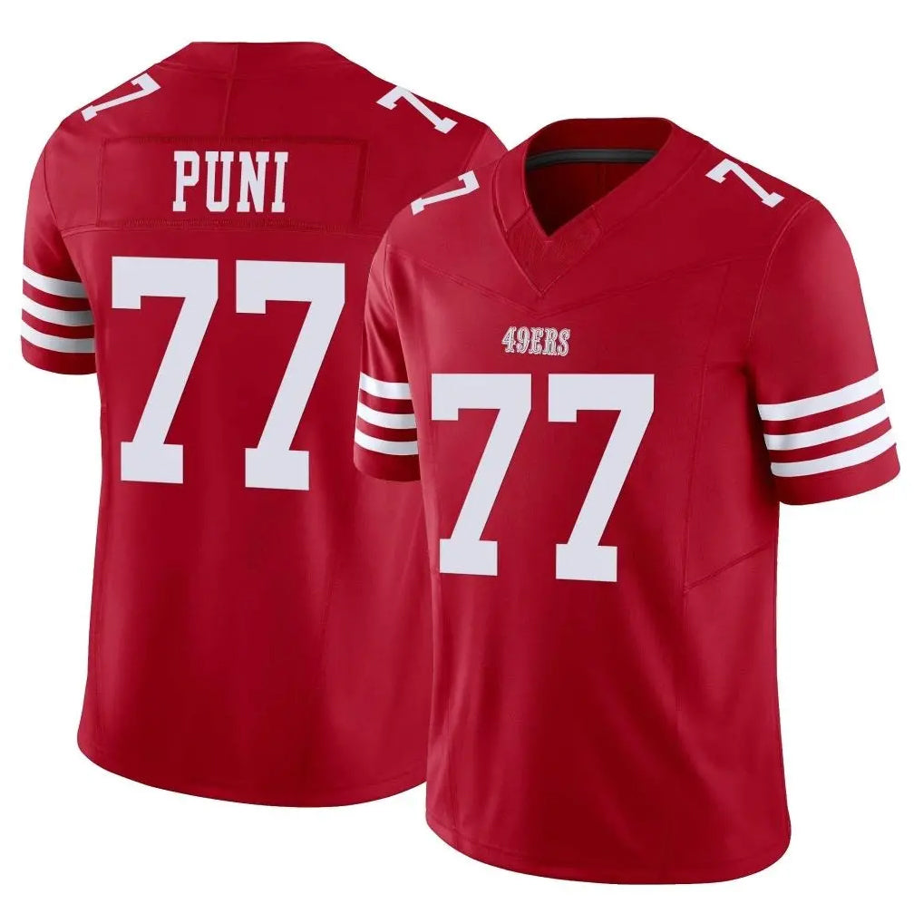 SF.49ers #77 Dominick Puni Player Red Limited Vapor F.U.S.E. Home Game Edoa Stitched Jerseys
