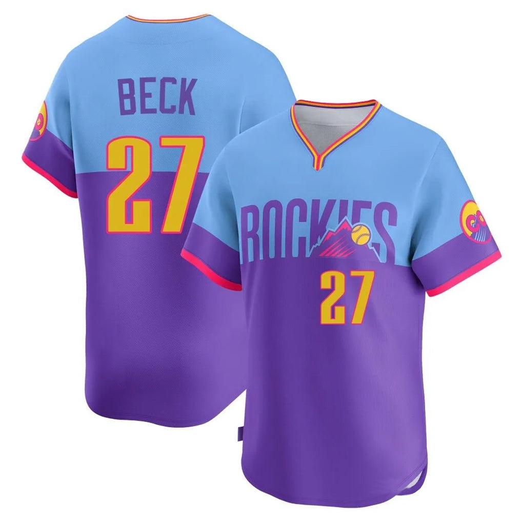 C.Rockies #27 Jordan Beck Player Purple-Light Blue City Connect Limited Home T-shirt Edoa Stitched Jerseys