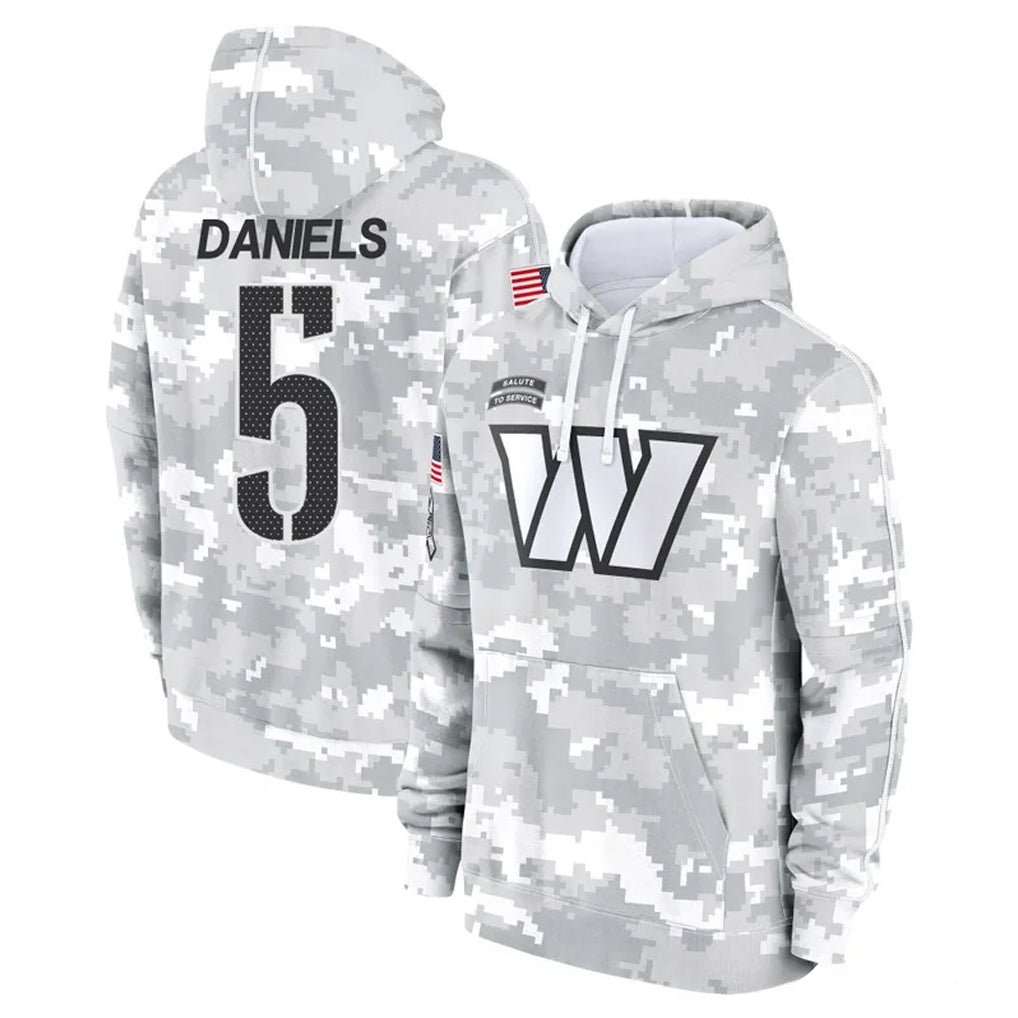 W.Commanders #5 Jayden Daniels Player Arctic Camo Limited Salute to Service Pullover Hoodies Game Edoa Stitched Jerseys