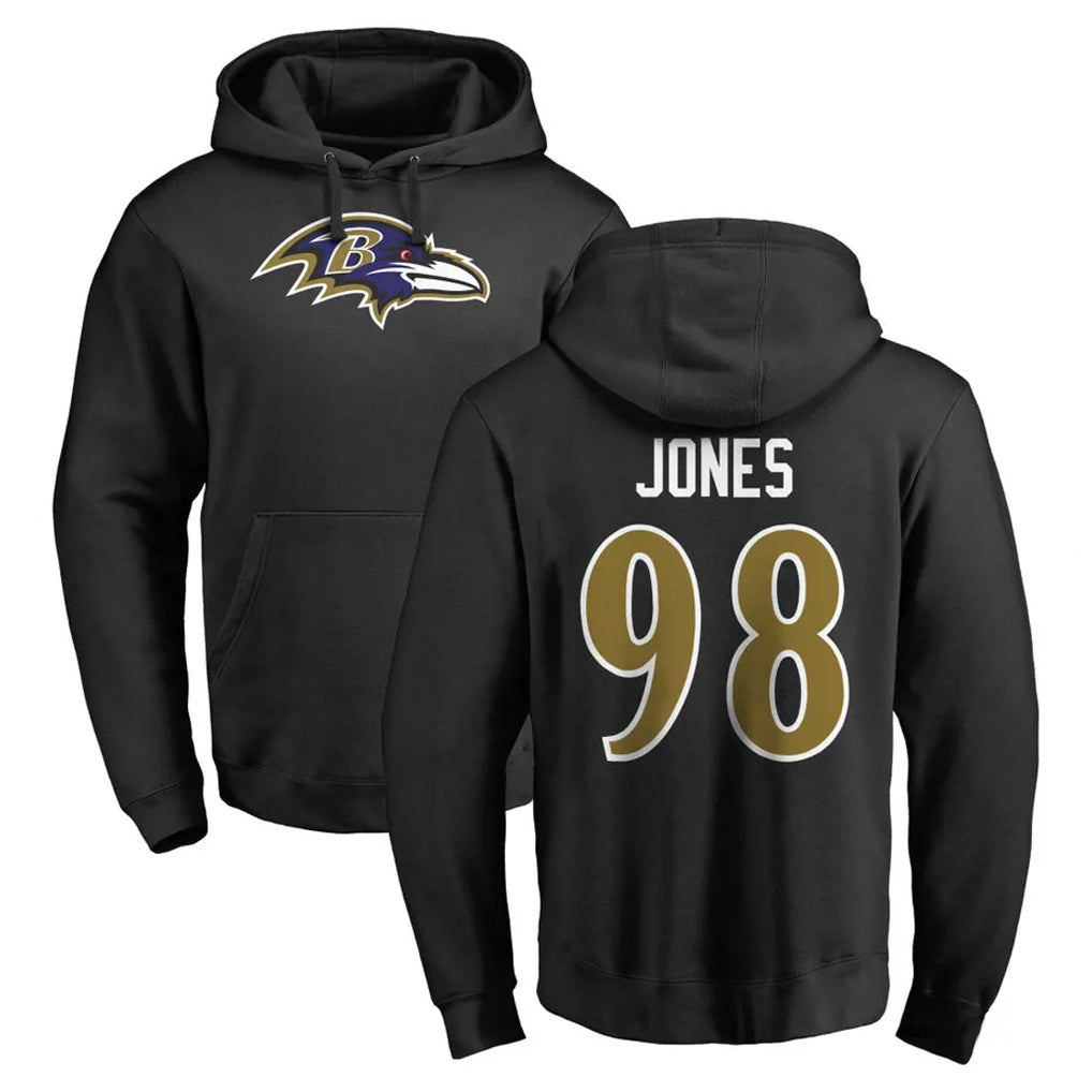 B.Ravens #98 Travis Jones Player Black Pullover Hoodie Edoa Stitched Jerseys