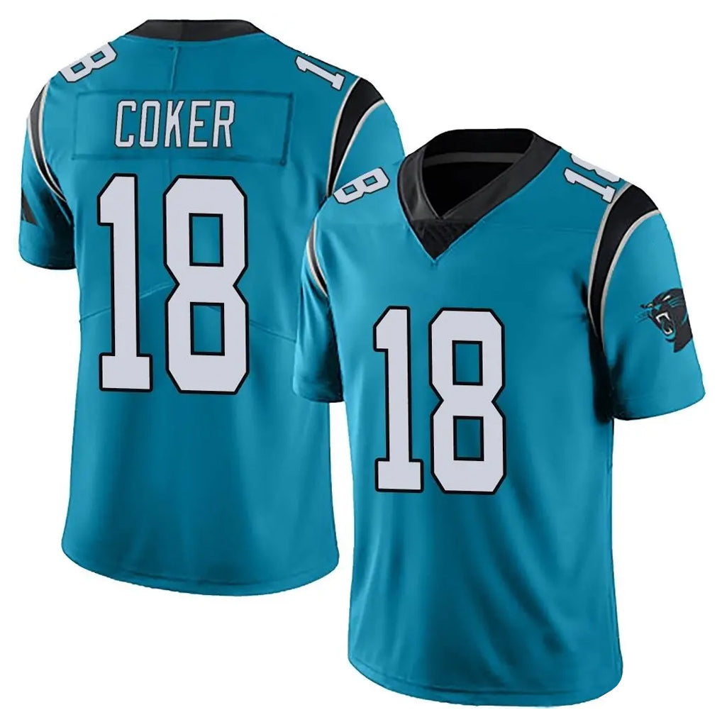 C.Panthers #18 Jalen Coker Player Blue Vapor Untouchable Limited Game Edoa Stitched Jerseys