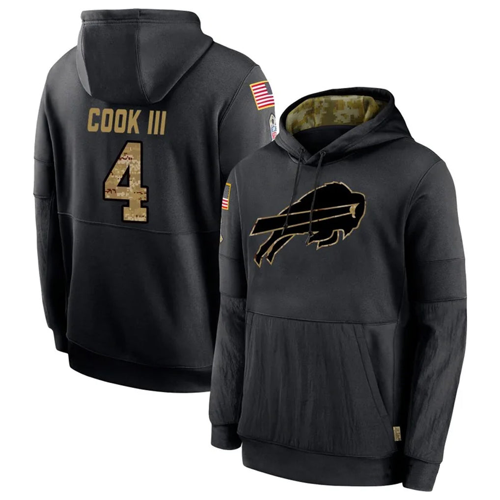 B.Bills #4 James Cook III Player Black Salute to Service Hoodies Hame Edoa Stitched Jerseys