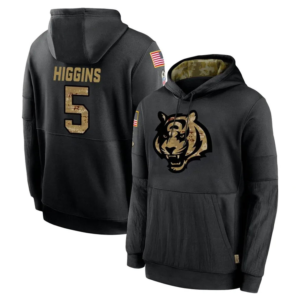 C.Bengals #5 Tee Higgins Player Black Salute to Service Pullover Hoodies Limited Edoa Stitched Jerseys