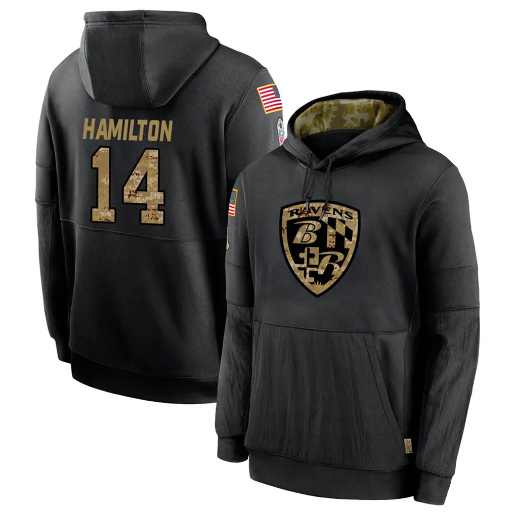 B.Ravens #14 Kyle Hamilton Player Black Salute to Service Pullover Hoodie Edoa Stitched Jerseys