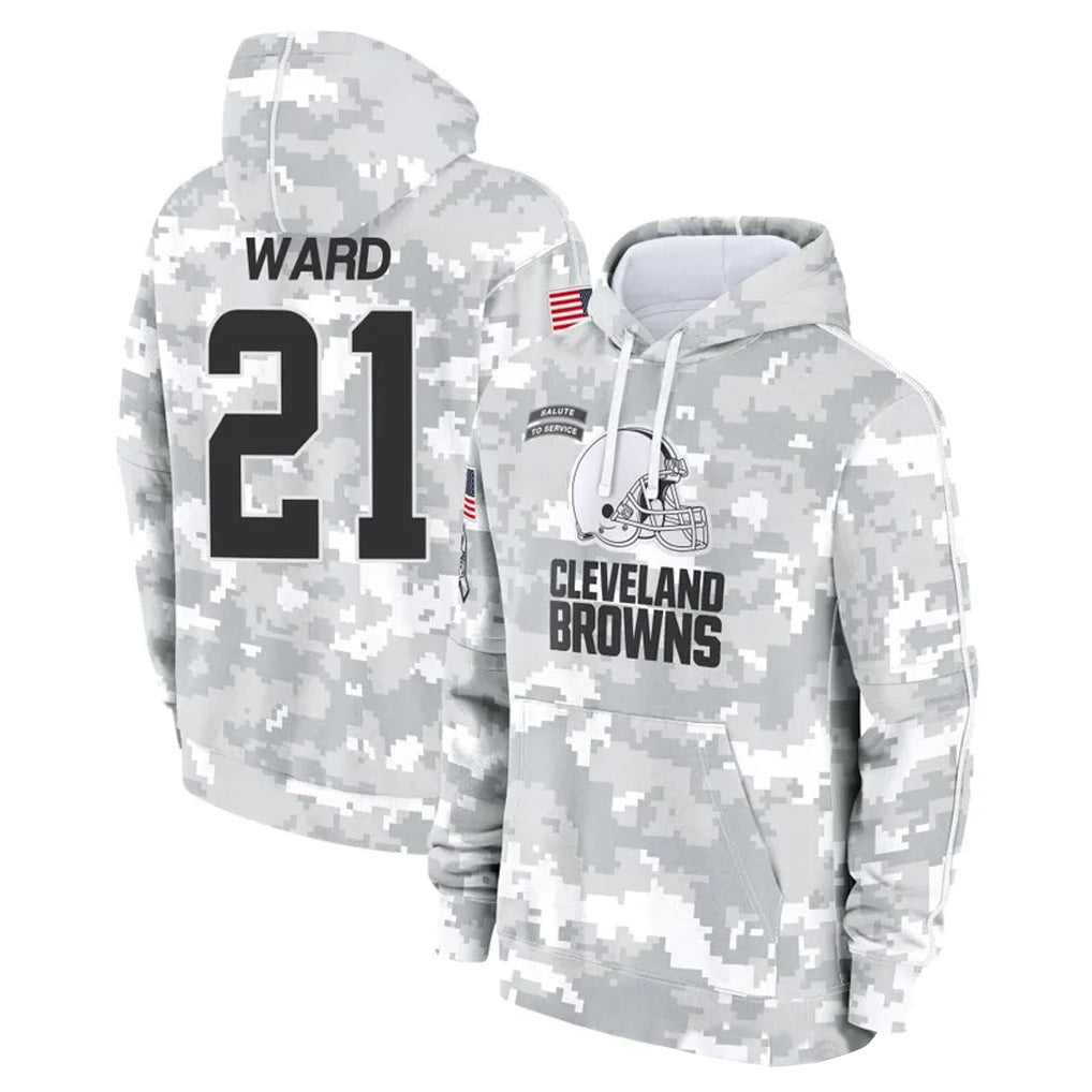 C.Browns #21 Denzel Ward Player Arctic Camo Salute to Service Hoodies Limited Game Edoa Stitched Jerseys