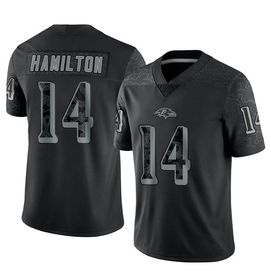 B.Ravens #14 Kyle Hamilton Player Black REFLECTIVE Limited Edoa Stitched Jerseys