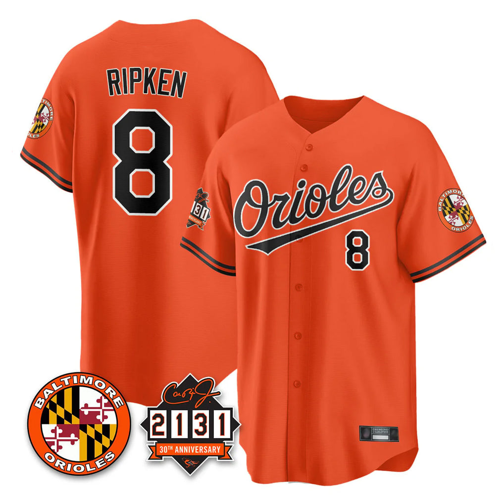 B.Orioles #8 Cal Ripken Player Orange 30th Anniversary of 2131 Home Game Edoa Stitched Jerseys