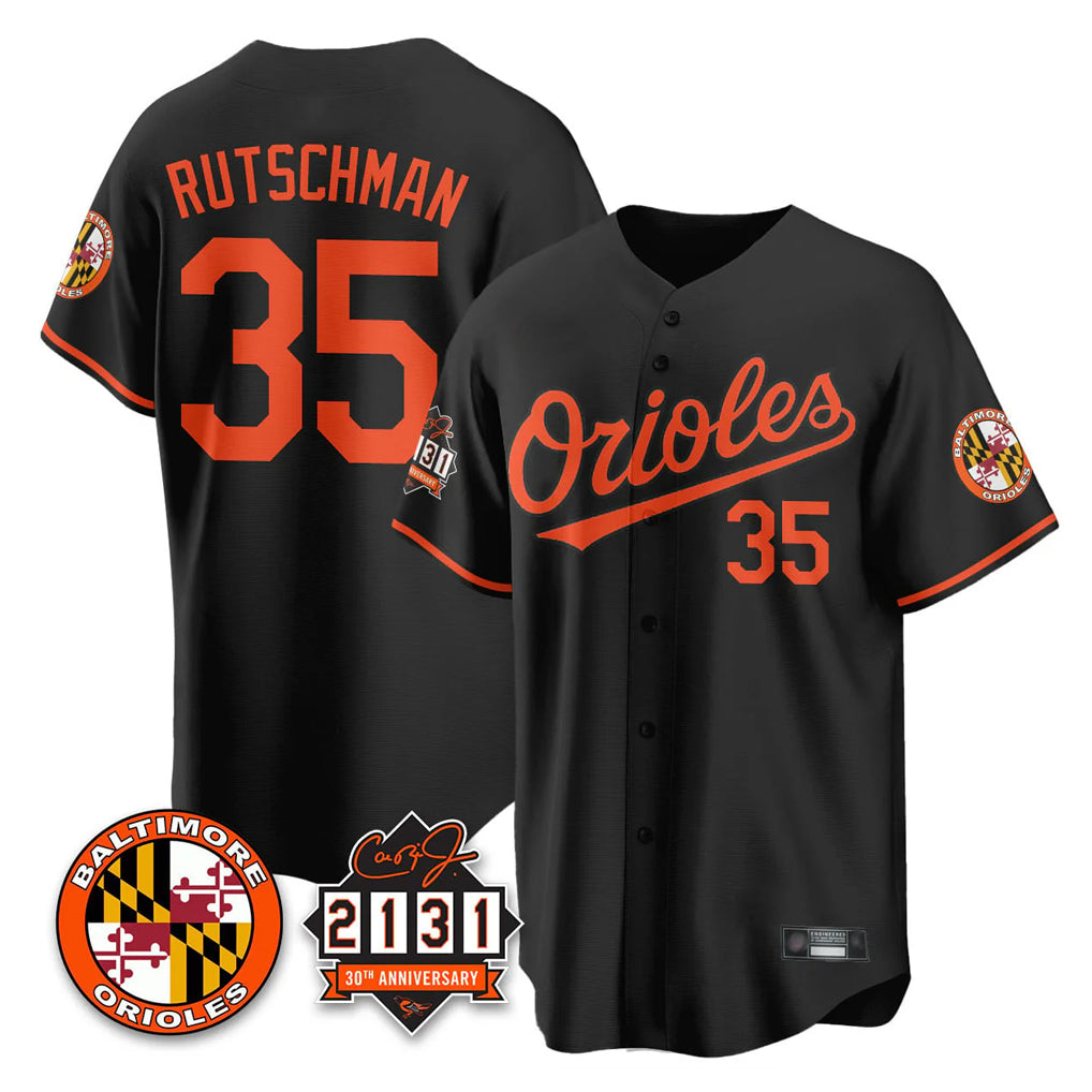 B.Orioles #35 Adley Rutschman Player Black 30th Anniversary of 2131 Home Game Edoa Stitched Jerseys