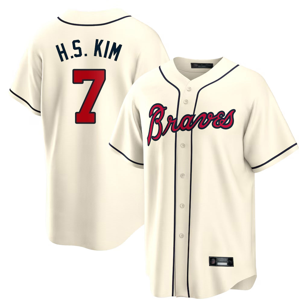 A.Braves #7 Ha-Seong Kim Player Cream Home Game Edoa Stitched Jerseys