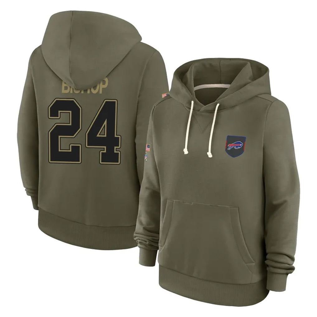 B.Bills #24 Cole Bishop Player Olive Salute to Service Hoodies Edoa Stitched Jerseys