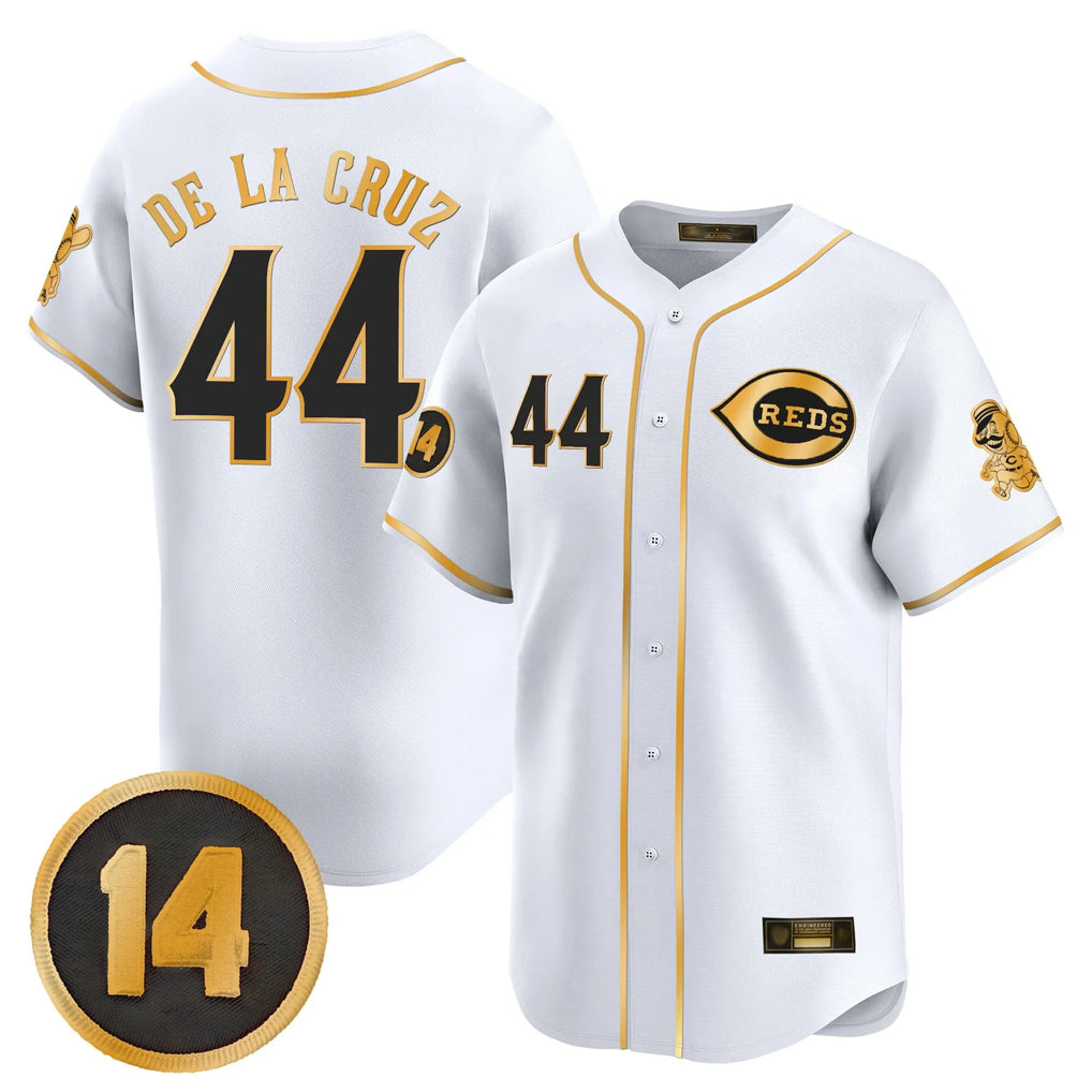C.Reds #44 Elly De La Cruz Player White-Gold Vapor Premier Limited Home Edoa Stitched Jerseys