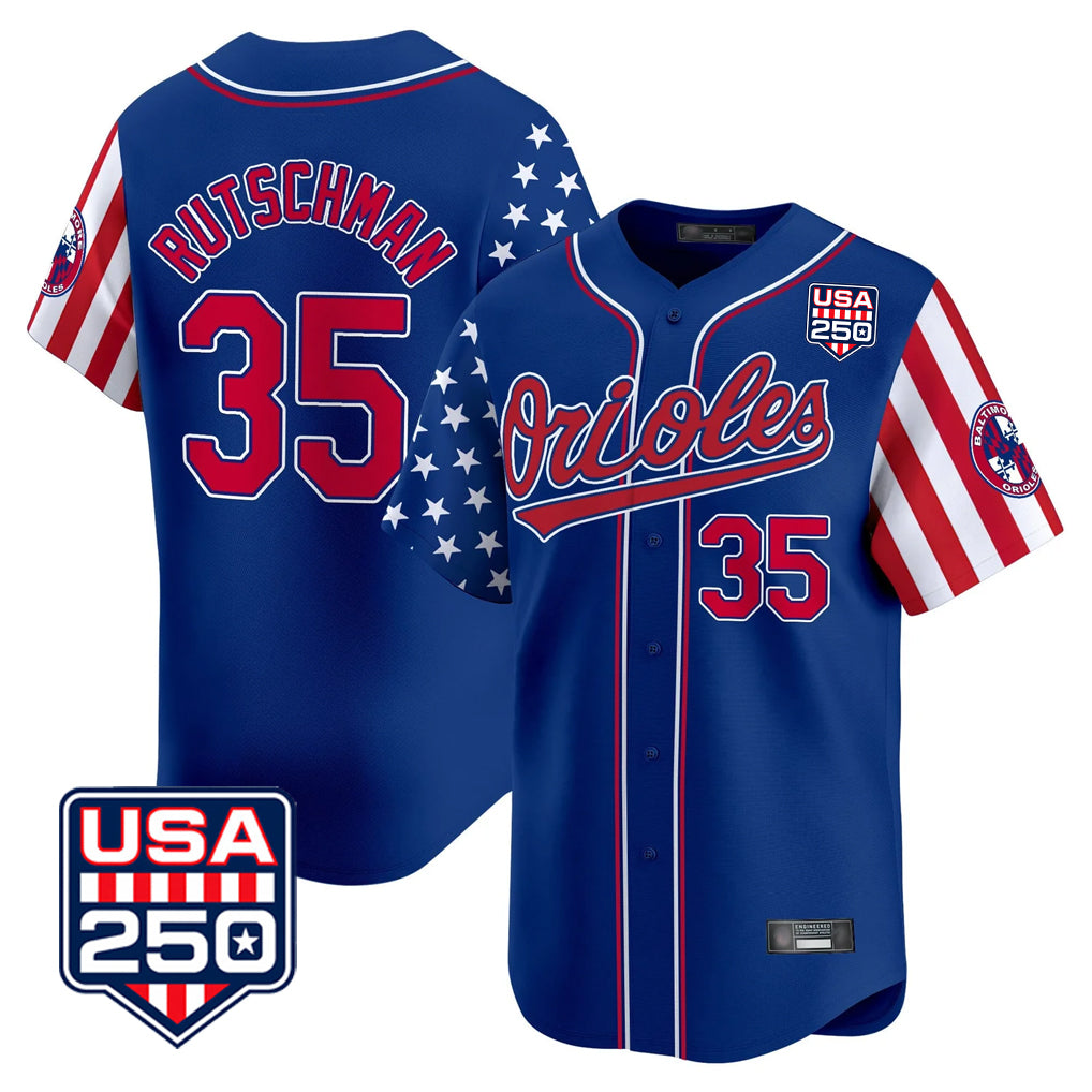 B.Orioles #35 Adley Rutschman Player Royal USA 250 Independence Day Vapor Premier Limited Home Game Edoa Stitched Jerseys