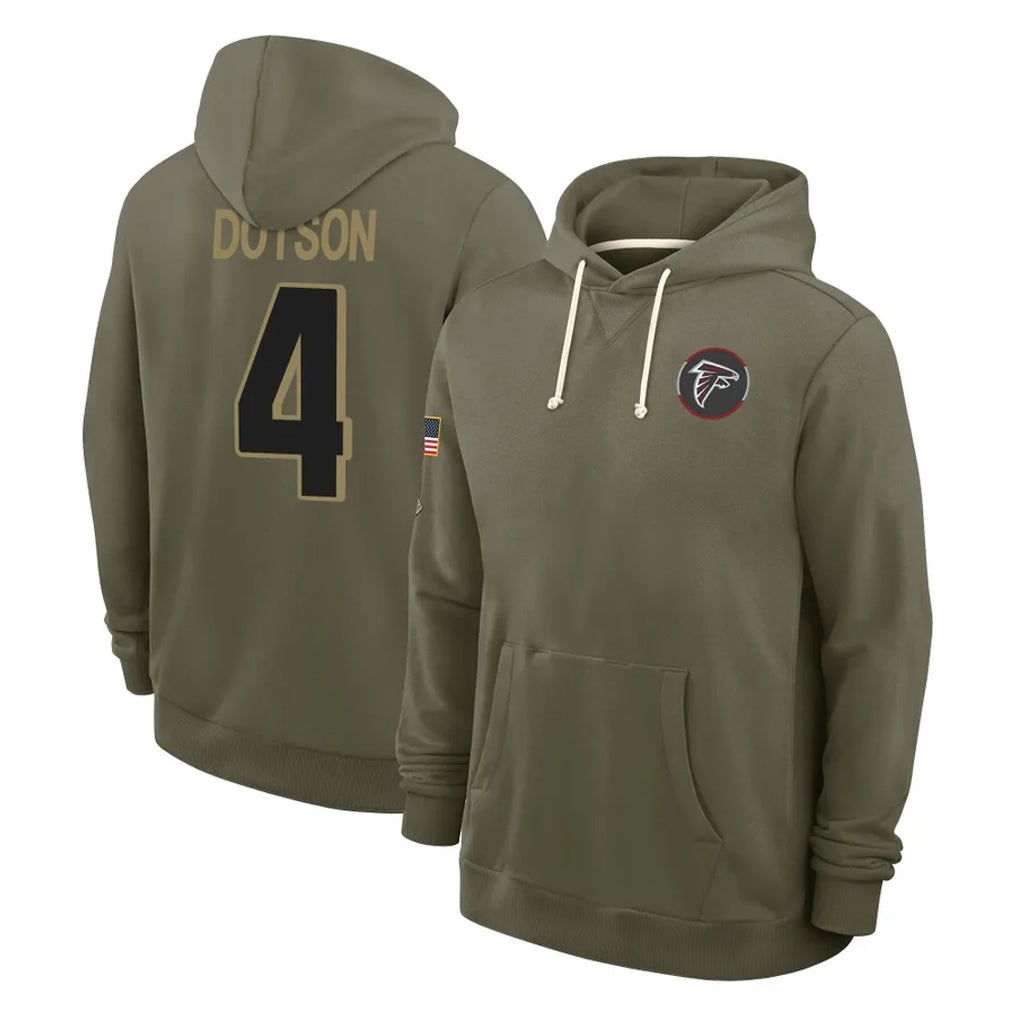 A.Falcons #4 Jahan Dotson Player Olive 2025 Salute to Service Hoodies Edoa Stitched Jerseys