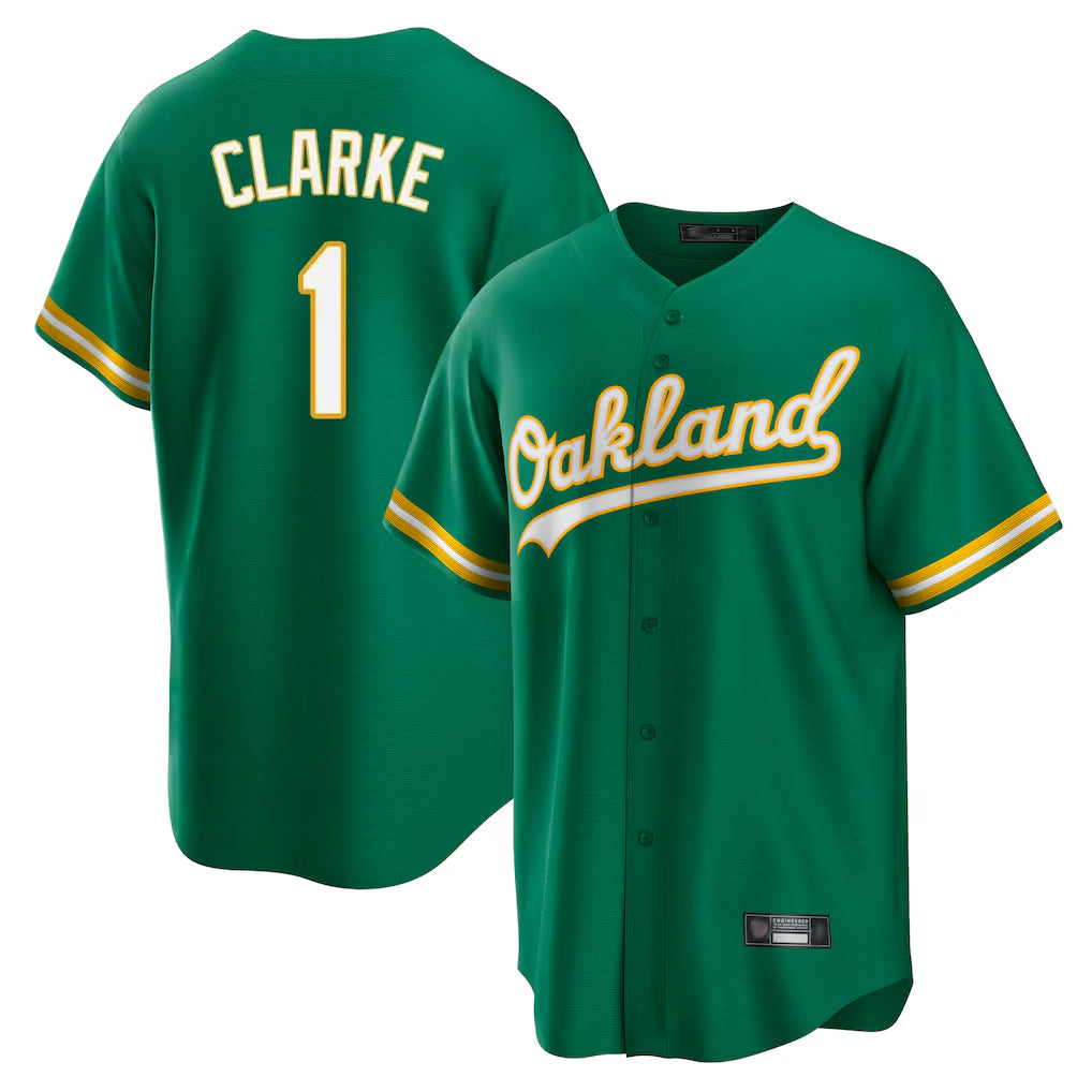 Athletics #1 Denzel Clarke Player Kelly Green Home Game Edoa Stitched Jerseys