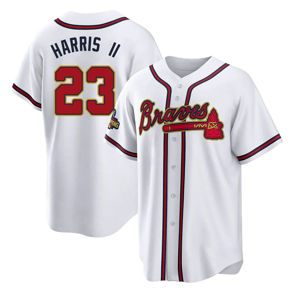 A.Braves #23 Michael Harris II Player White Gold Home Game Edoa Stitched Jerseys