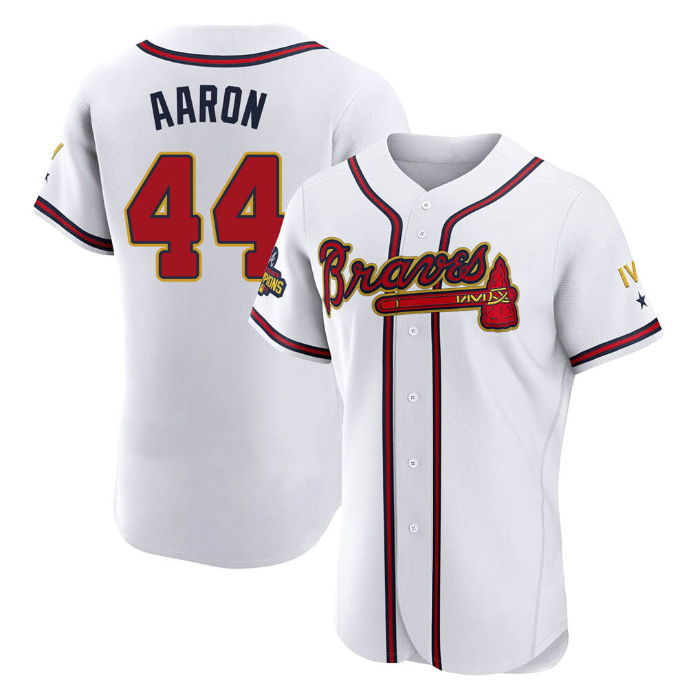 A.Braves #44 Hank Aaron Player White Gold Limited Elite Home Game Edoa Stitched Jerseys