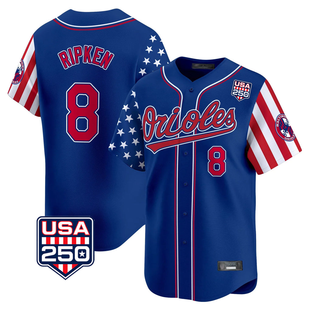 B.Orioles #8 Cal Ripken Player Royal USA 250 Independence Day Vapor Premier Limited Home Game Edoa Stitched Jerseys