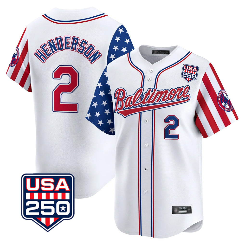 B.Orioles #2 Gunnar Henderson Player White USA 250 Independence Day Vapor Premier Limited Home Game Edoa Stitched Jerseys